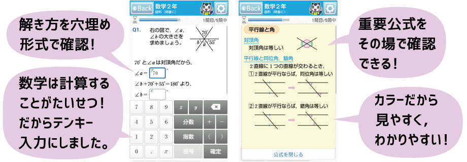 解き方を穴埋め形式で確認!数学は計算することがたいせつ!だからテンキー入力にしました。重要公式をその場で確認できる!カラーだから見やすく、わかりやすい!